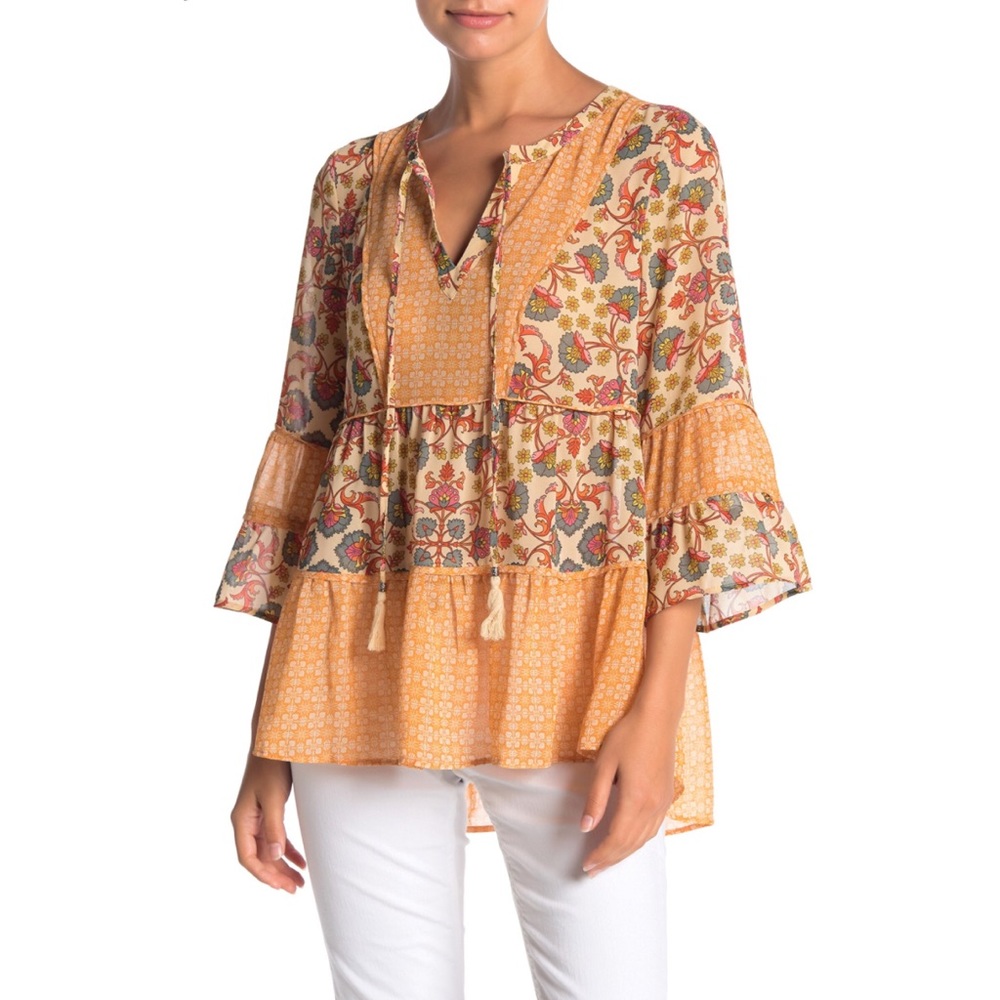 DR2 Paisley Floral 3/4 Sleeve Tiered Blouses Top